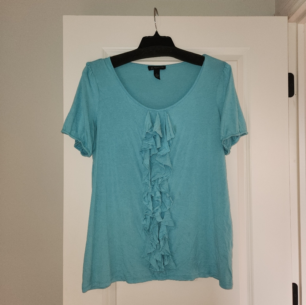 INC International Concepts Blue Green Ruffled Short Sleeve Blouse